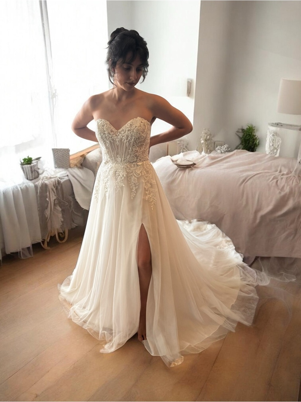 Mori Lee Strapless Lace Appliqué Gown in Blush Nude